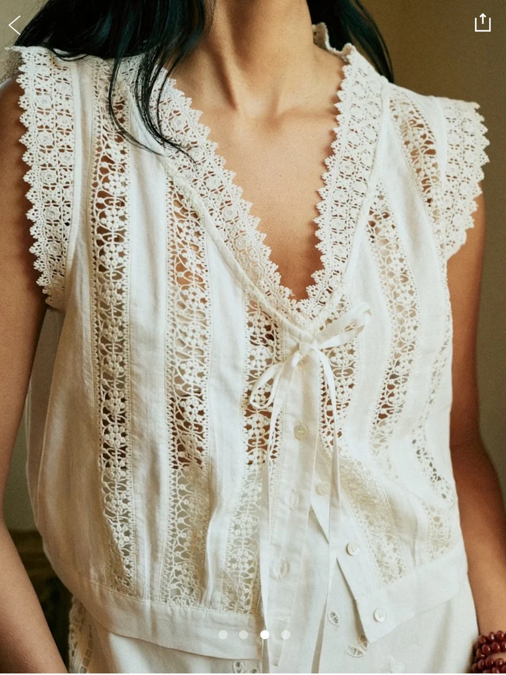 Sezane Ecru Lace-Trim Tie-Front Sleeveless Blouse - Picture 1 of 6